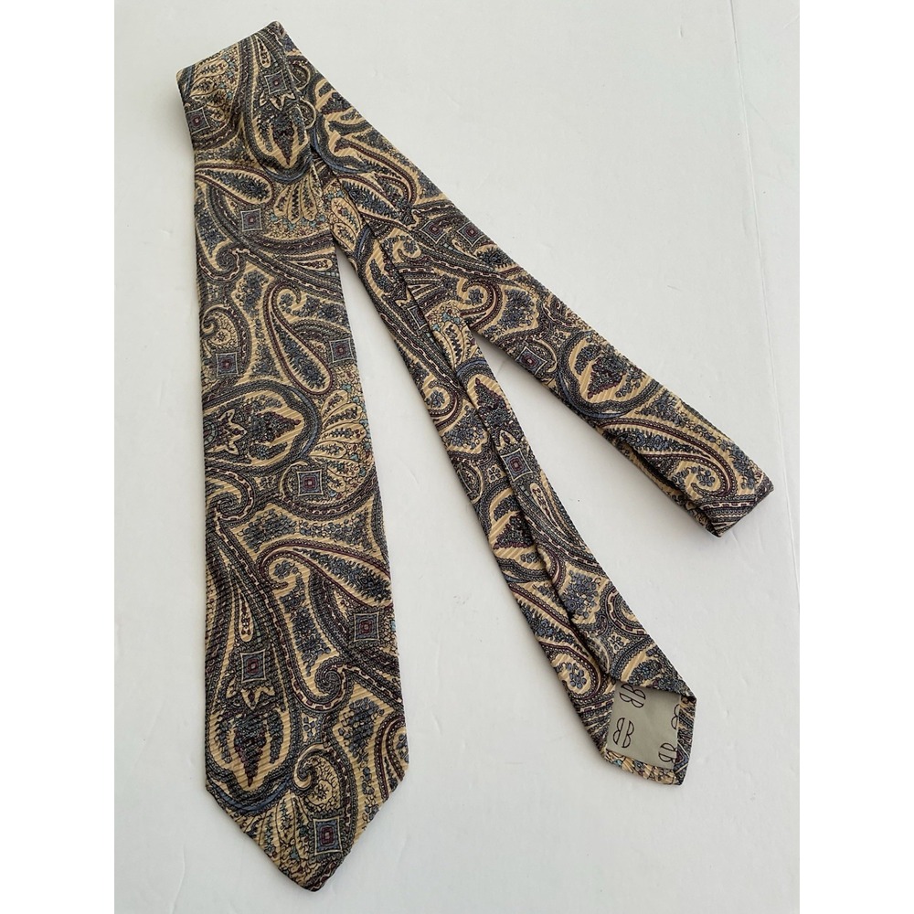Men's Bill Blass Handmade Tan Blue Paisley Silk Tie